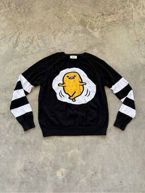 Gudetama Black Crewneck Sweater with White Striped Sleeves